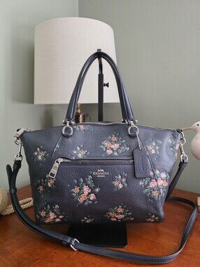 Coach 91603 Prairie Satchel Rose Bouquet Navy Pebbled Leather Crossbody Bag